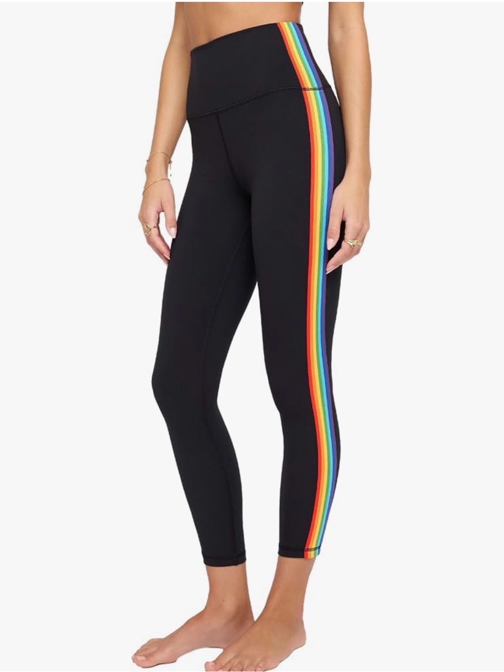High-Waisted Black Performance Leggings with Rainbow Side Stripe S 7/8 Length